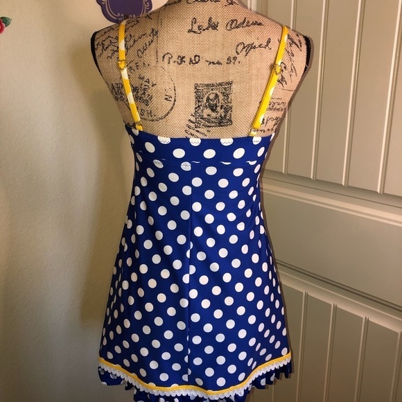 Rare Betsey Johnson Swim Dress/ Coverup in Blue White & Yellow Polka Dot Sz S - Picture 6 of 8